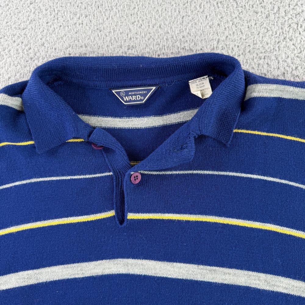 Vintage Montgomery Ward Polo Sweater Mens‎ XL Blue Striped Long Sleeve Grandpa